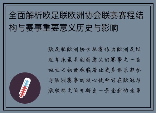 全面解析欧足联欧洲协会联赛赛程结构与赛事重要意义历史与影响